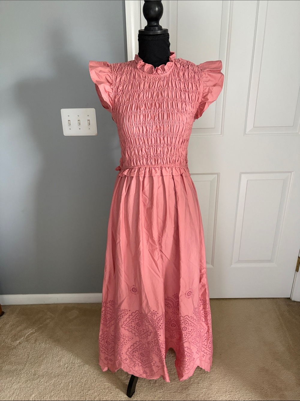 Smocked Pink Flutter Sleeve Maxi Dress